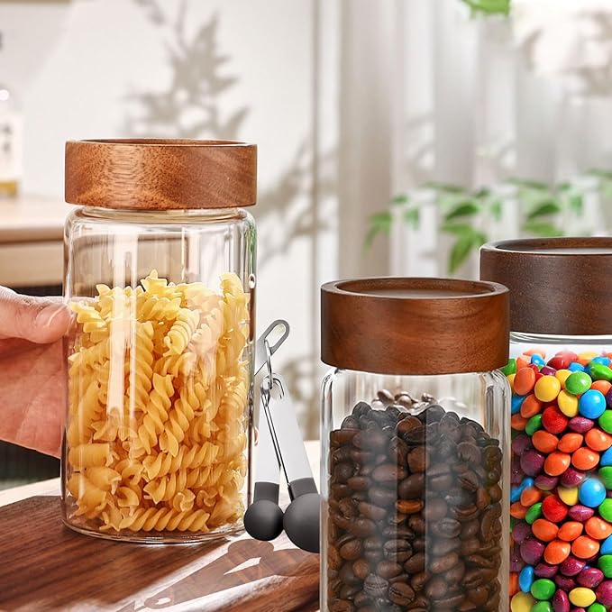 27oz Glass Storage Jars with Airtight Wooden Screw Lid, Set of 2,Coffee Sugar Container Set with Wooden Lid, and 4pack Stainless Steel Measuring Spoons,for Beans, Oatmeal, Sugar and etc