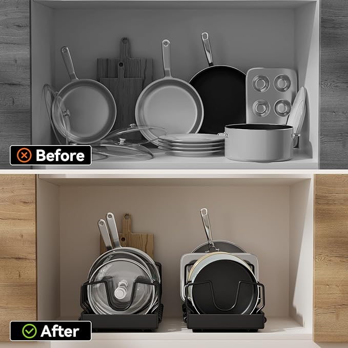 SUNZOS Pots and Pans Organizer for Under Cabinet, Pull Out Pot Lid Organizer for Kitchen, Pan Holder Inside Cabinet and Storage with 8 Adjustable Dividers