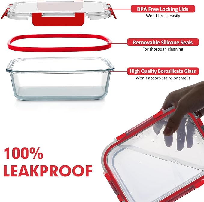 VERONES 30 Pieces Glass Meal Prep Containers Set, Stackable Glass Food Storage Containers with Lids-Airtight Glass Lunch Containers,for Microwave, Oven, Freezer & Dishwasher,Red