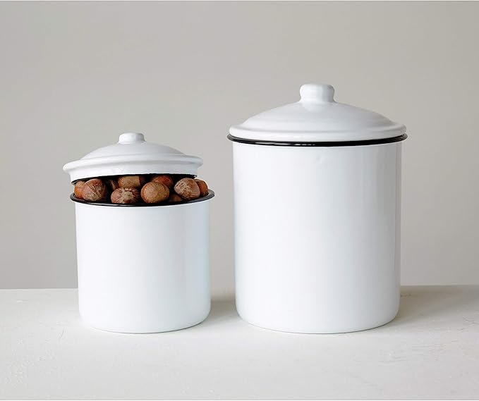 Creative Co-Op Set of 2 White Enameled Canisters with Lids