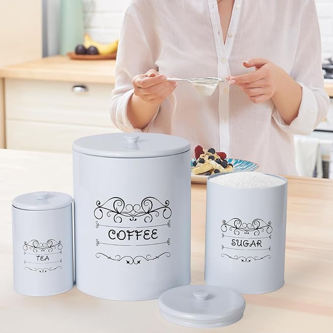 Country White Canisters Set of 3, Rustic Farmhouse Metal Containers with Airtight Lids, Kitchen Storage Canisters for Coffee, Sugar, Tea for Kitchen, Pantry Countertop