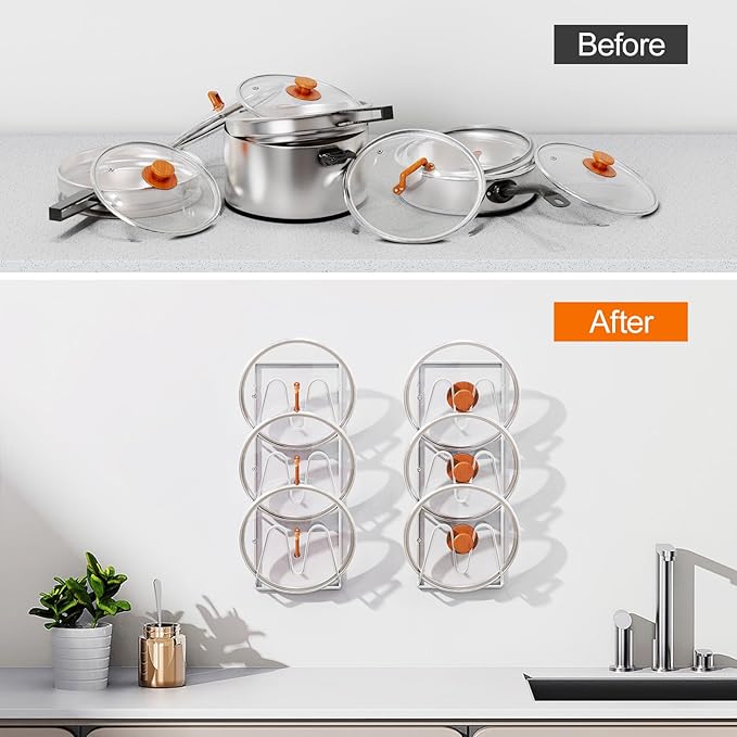 2 Pack Pot Lid Organizer Rack, 6-Tier Pot Lids Holder for Cabinet Door/Wall, No Drilling Adhesive Wall/Door Mounted Rustproof Pot and Pan Cover for Kitchen Storage, White