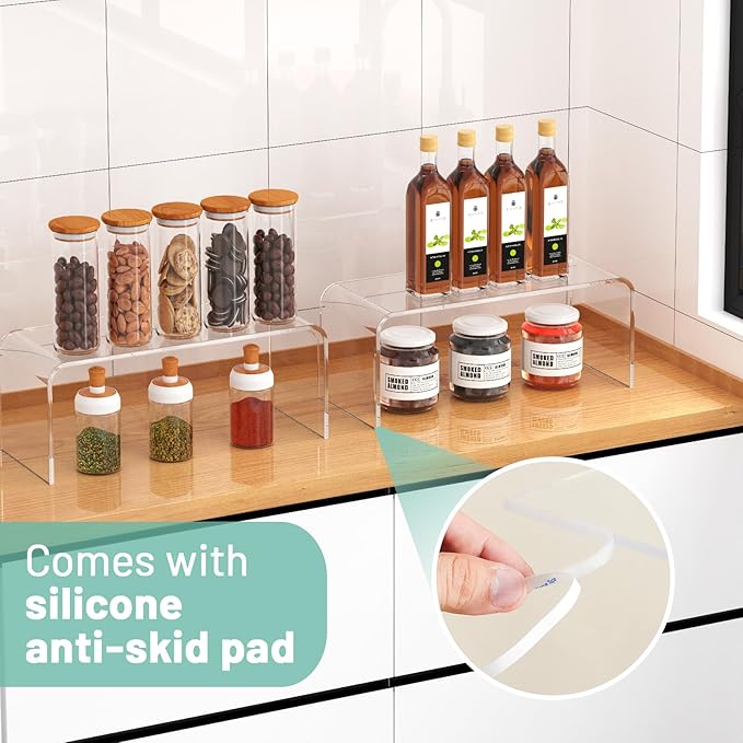 4 Packs Kitchen Cabinet Shelf Organizer, Acrylic Clear Shelf Riser, 5mm Thick Spice Rack for Dishes, Soda Cans and Cup(11.8 x 4.72 x 4.72 Inch)
