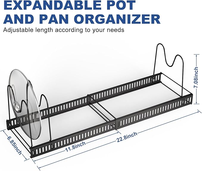 JOYART Pot and Pan Organizer, Expandable Pot Lid Organizer with 10 Adjustable Dividers, Cutting Board Organizer for Kitchen Cabinet Organizers and Storage, Black