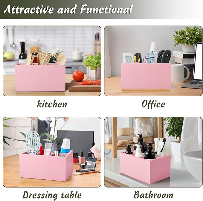 DRASTAR Utensil Caddy, Wooden Picnic Cutlery Organizer, Countertop Plastic Silverware Holder, Pink