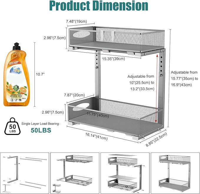 2 Pack Under Sink Organizer, 2 Tier Metal Pull Out Under Sink Storage with Sliding Mesh Drawers, Height Adjustable Slide Out Under Sink Organizer for Kitchen Bathroom Cabinet, Gray