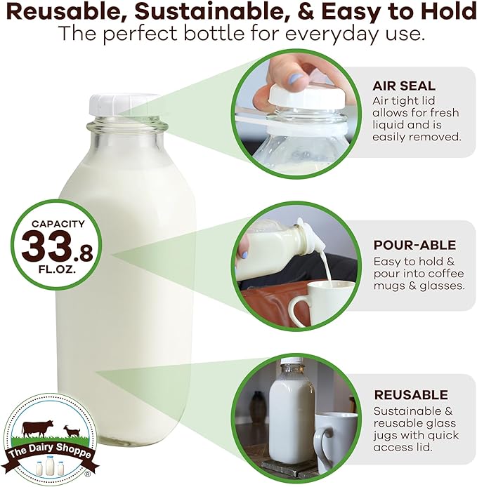 The Dairy Shoppe Heavy Glass Milk Bottles - Jugs with Lids and Silicone Pour Spouts - Clear Milk Containers for Fridge - Reusable Glass Milk Jug Dispenser - Made in USA (33.8 oz, 4 Pack)