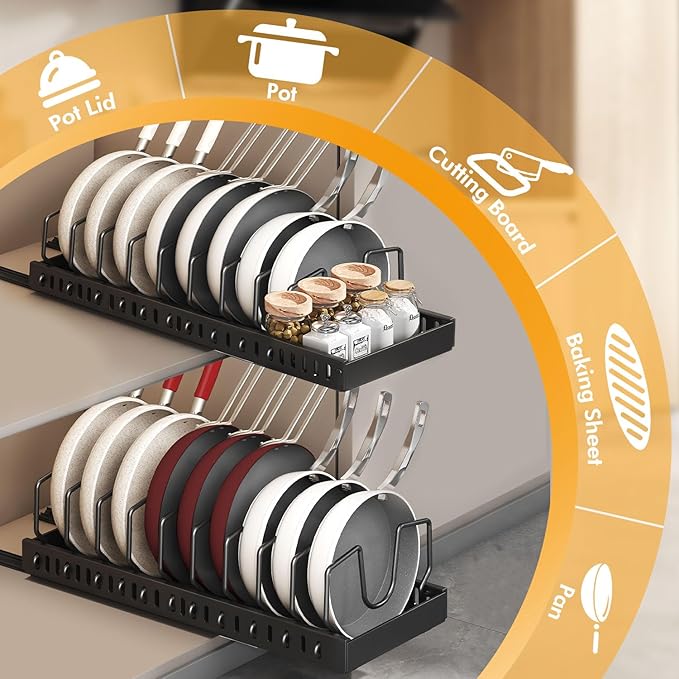 2 Pcs Pull-Out Pots and Pans Organizer Under Cabinet, Pot and Pan Organizers Inside Cabinet for Kitchen Cabinet Storage and Pots Storage Rack Pans Lid Dishes Holder Bakeware Organizer with Slide Rails