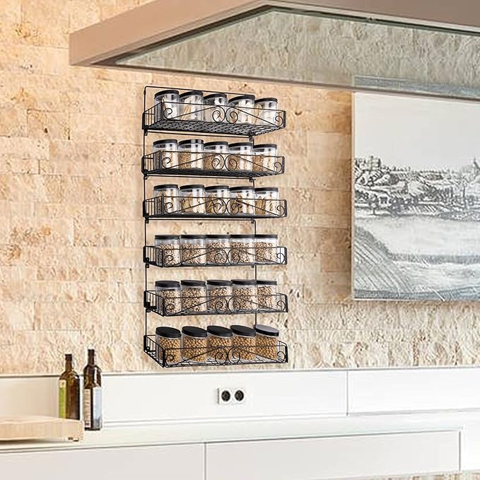 SWOMMOLY Wall Mount Spice Rack, 6 Pack Large-capacity Spice Racks, Stackable Foldable Spice Cans Organizer Shelf, Black