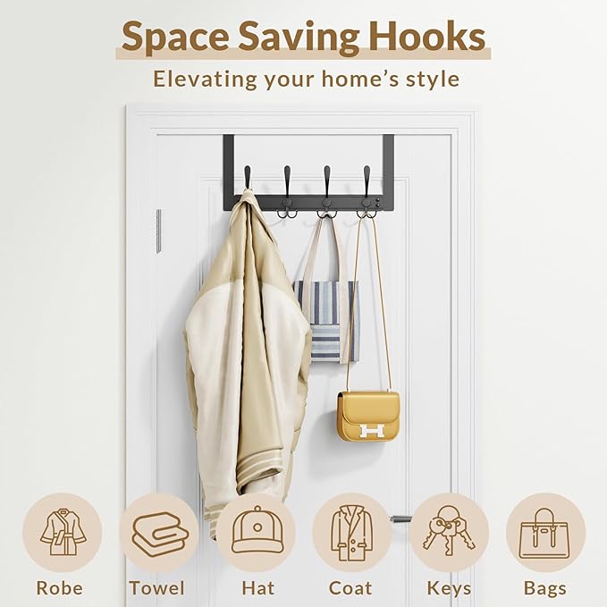 2 Packs Over The Door Hooks with 4 Tri Hooks, Heavy Duty Over Door Hanger for Bathroom Closet Bedroom Kitchen Dorm Room, Towel Coat Rack Home Organizer for Hanging Clothes Coat Hat Jacket (2, Black)