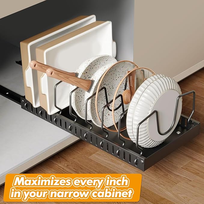 1 Pack Pull Out Pot and Pan Organizer Under Cabinet, Slide Out Pot Lid Organizer with 10 Adjustable Dividers Sliding Pan Holder Storage Rack Inside Cabinet for Kitchen Black