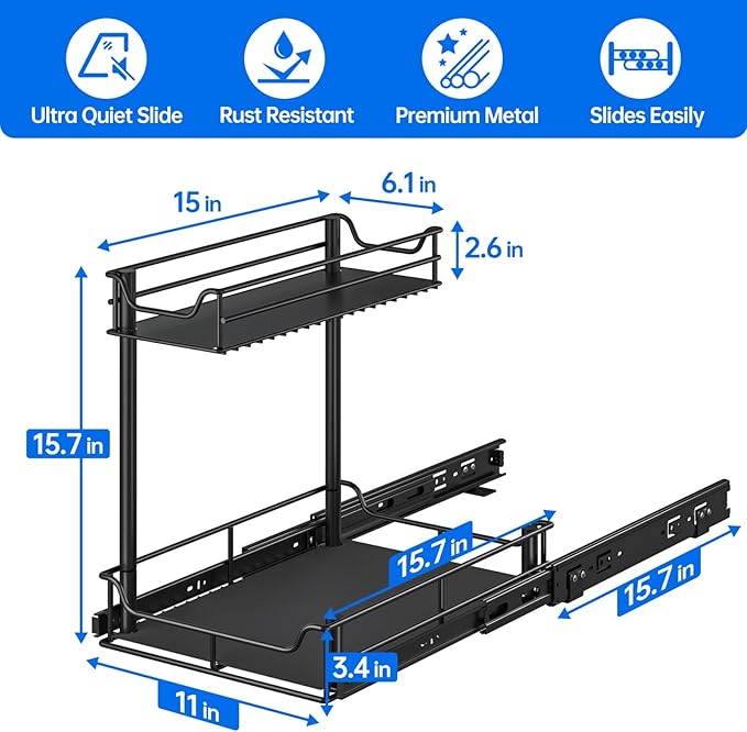 LAMU Under Sink Organizer, Pull Out Cabinet Organizer with Upgraded Slides, Slide Out Sink Shelf Cabinet Storage Shelves, Storages for Kitchen Bathroom