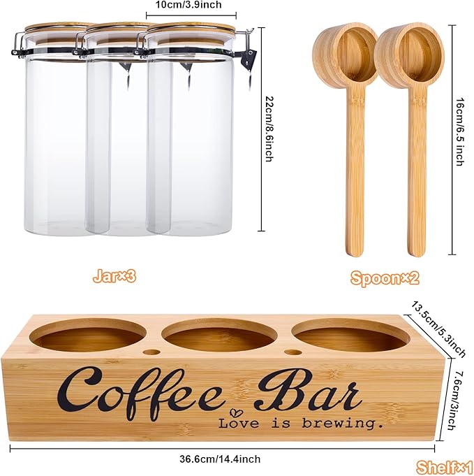 ZHAO Glass Coffee Containers with Shelf Airtight Coffee Bean Storage Jars with Locking Clamp Lid and Spoons Coffee Canister Set for Ground Coffee Sugar Tea Nuts Kitchen Food Containers