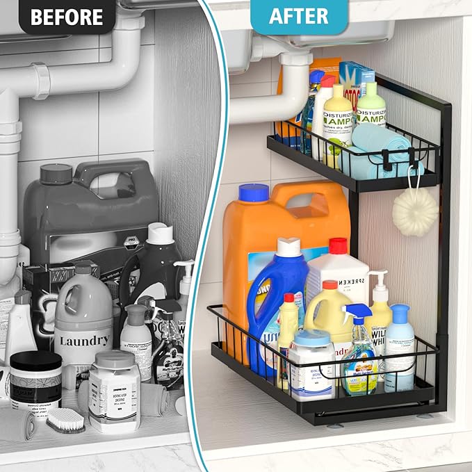 WOWBOX 1 Pack Under Sink Organizer 2 Tier Slide Out Cabinet Organizer Under Sink Organizers and Storage for Kitchen Bathroom Pantry