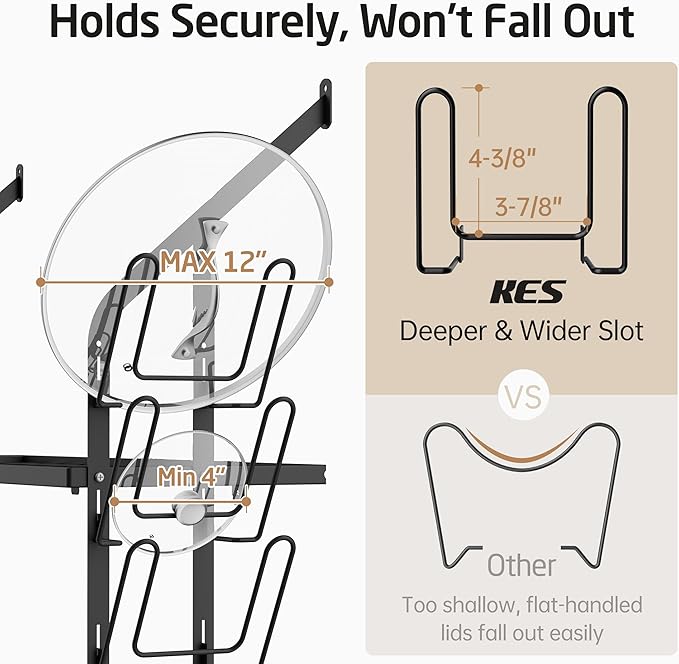 KES 30-Inch Pot Rack Wall Mounted with 8 Secure Lid Holders & 12 Sturdy Hooks, 2-Tier Kitchen Hanging Pot and Pan Organizer, Ample Storage for Tall Cookware, KUR215S75C-BK