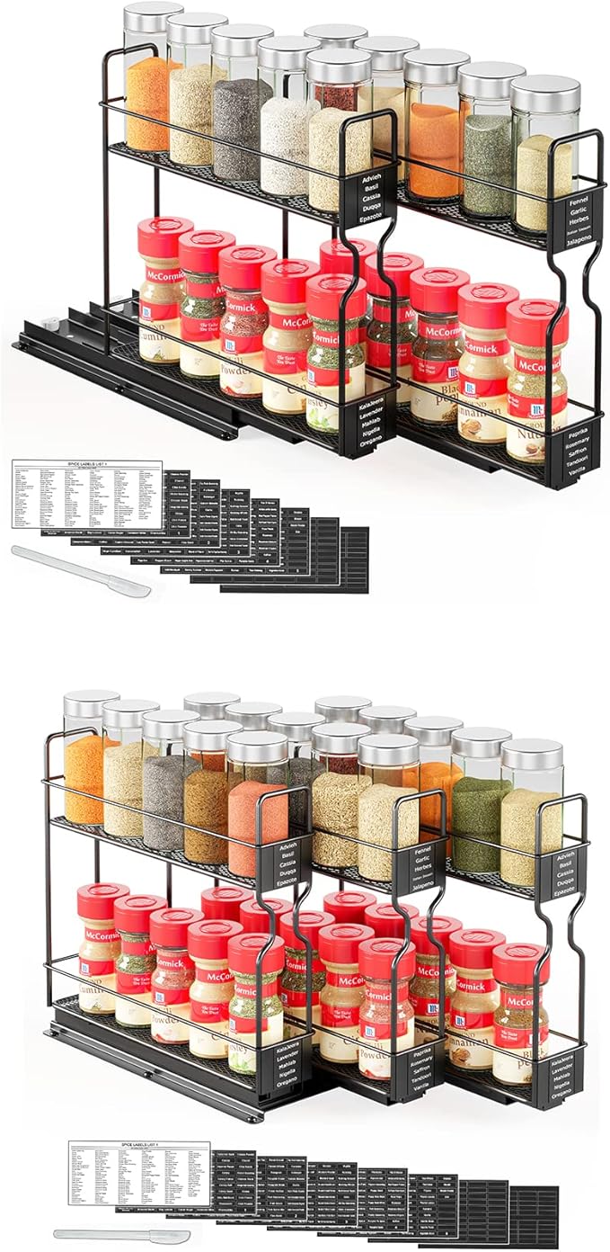 SpaceAid Pull Out Spice Rack Organizer for Cabinet, 2 Drawers 2-Tier, 3 Drawers 2-Tier