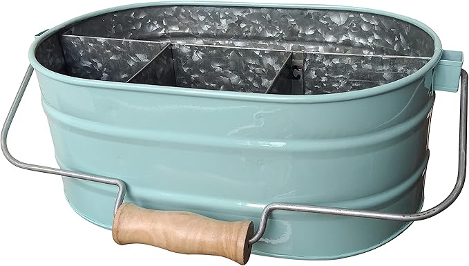 Galvanized Metal Caddy with 4 Compartments, Rustic Farmhouse Kitchen Indoor Outdoor Picnic Utensil Holder, Multipurpose Storage Bin, Metal Garden Planters - 12 Inch - Aqua