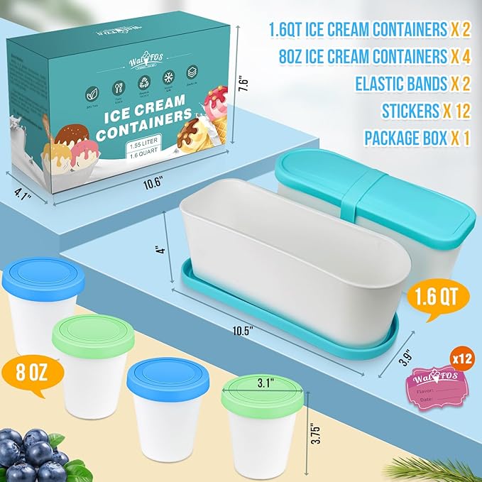 Walfos Ice Cream Containers for Homemade Ice Cream - 1.6 Quart & 8 oz. Set, Bonus Sealing Bands Keeping Silicone Lids Airtight, Reusable Ice Cream Tubs, Stackable Freezer Storage Container - Blue