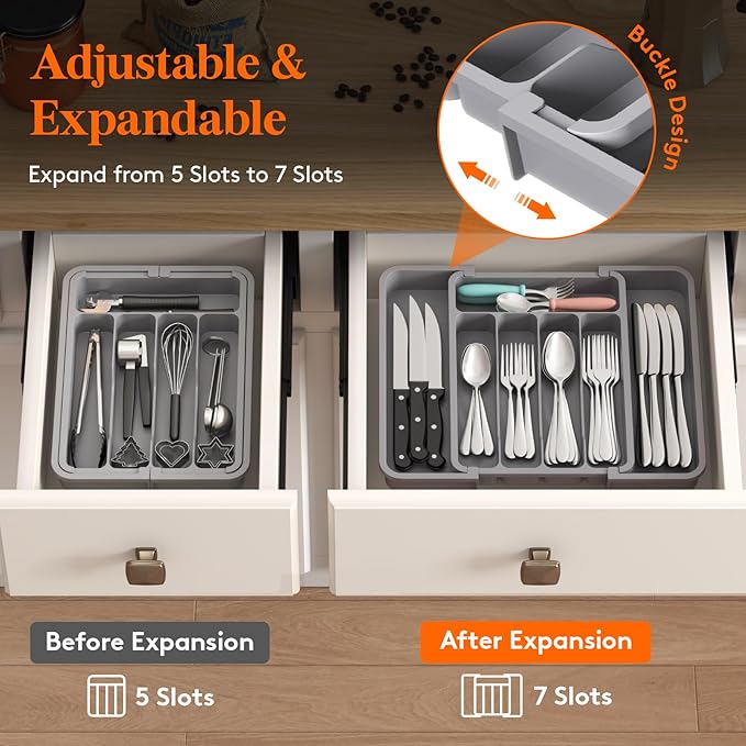 Lifewit Silverware Drawer Organizer, Expandable BPA Free Utensil Tray for Kitchen, Adjustable Flatware and Cutlery Holder for Spoons Forks Knives, Plastic Kitchen Organizers and Storage, Grey