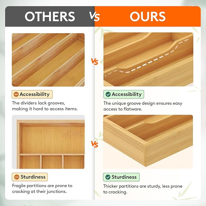 Lifewit Silverware Drawer Organizer Tray, Bamboo Cutlery Storage for Kitchen Drawer, 7 Compartment Flatware and Utensil Holder Divider for Spoons Forks Knives Tableware, Natural