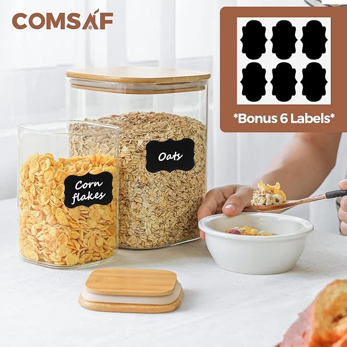 ComSaf Glass Food Storage Containers, 115/37 oz Glass Flour and Sugar Containers with Airtight Lids, Large Square Glass Jars with Bamboo Lids for Rice, Pasta, Oats, Grains, Cookies, Snacks, Candy