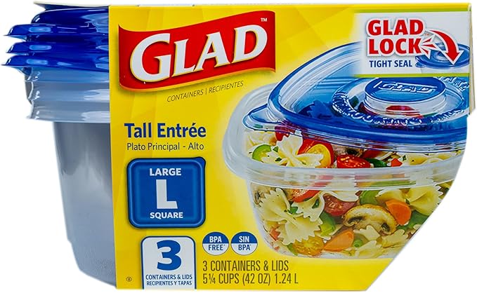 Glad GladWare Tall Entrée Food Storage Containers | Large Square Containers Hold up to 42 Ounces| Strong and Sturdy Large Kitchen Storage Holders, 3 Count - 6 Pack