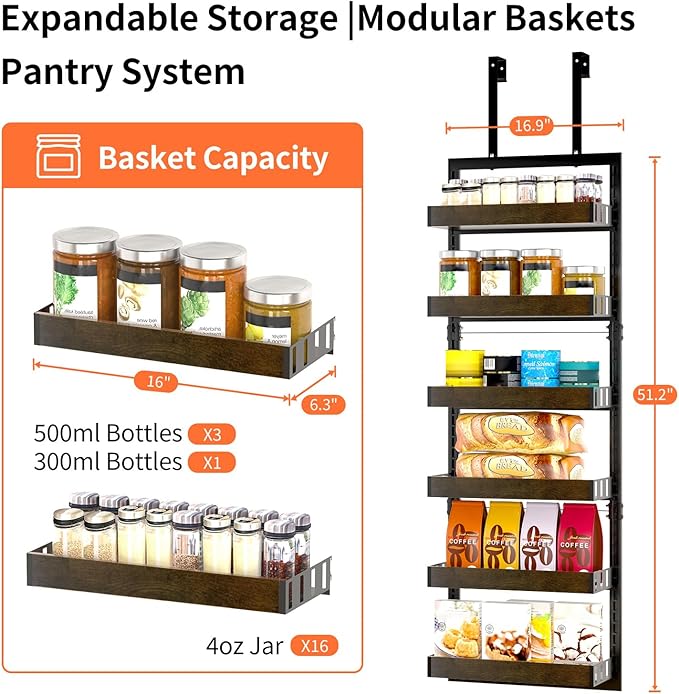 Over The Door Organizer, 6-Tier Over The Door Pantry Organizer, Heavy Duty Metal Frame, Spice Rack, Behind the Door Storage for Kitchen, Bathroom, Laundry Room, 16.9”L×6.3”W×51.2”H (Black)