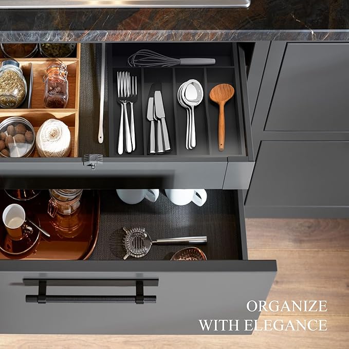Bamboo Silverware Organizer, Kitchen Drawer Organizer, Utensil Holder, Cutlery Tray & Spoon Flatware Storage with Grooved Drawer Dividers ((5 Slots, Black)