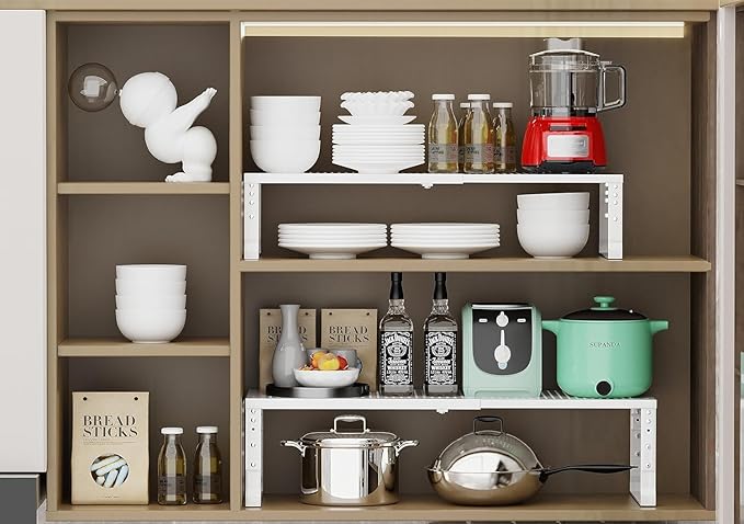 Expandable Cabinet Shelf Organizer Storage Spice Rack Shelves for Kitchen Stackable Adjustable Pantry Cupboard Bathroom Countertop Desktop(2Packs/White/Medium-with Hole)