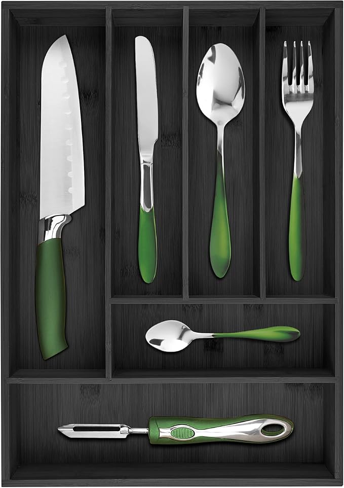 silverware tray organizer– Flatware Utensil Cutlery Silverware Holder for Drawer – Small Extra-Deep Wooden Kitchen Drawer Organizer Divider for Spoons Forks Knives (6-Slots, Black)