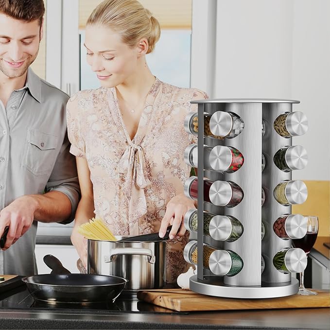 Rotating Spice Rack Organizer, Spice Tower for Countertop, Revolving Spice Rack Set for Cabinet, Silver Steel Kitchen Seasoning Organizer with 20 Jars and Funnel
