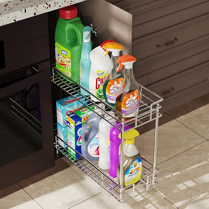LOVMOR Pull Out Cabinet Organizer and Storage (7" W x 21" D) 2-Tier Pull Out Shelf Storage for Kitchen Base Cabinet Silver (7" W x 21" D, Silver, Roll on Top)