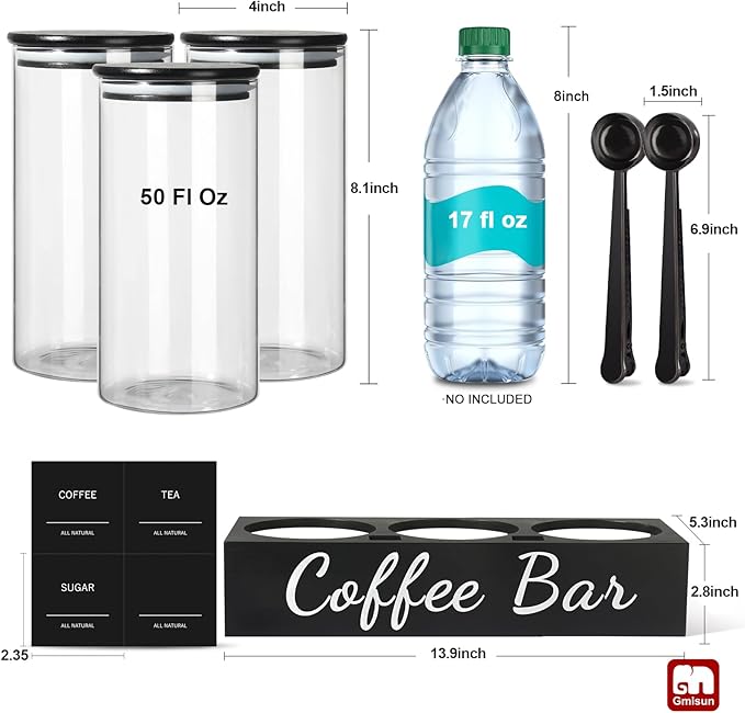 GMISUN Coffee Tea Sugar Container Set, 3 Pcs 50 Fl oz Bean Storage Canister With Airtight Lids, Black Glass Tea Sugar Holder Containers with Scoop/Shelf/Labels, Canisters Jars for Coffee Bar/Station
