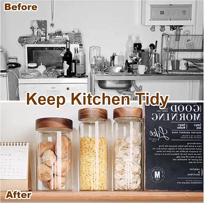 4 Set Glass Food Storage Jars with Bamboo Lids, 42oz/1250ml Glass Canisters with Airtight Lids, Glass Food Storage Jar for Pasta, Coffee Beans, Cereal