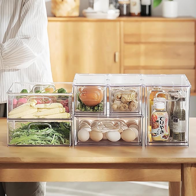 Taiuloo Stackable Refrigerator Organizer Bins with Pull-Out Drawer, Clear BPA-Free Food Storage Containers for Fridge Freezer, Kitchen Pantry Cabinet & Bathroom Vanity Organization, 9.51Quart