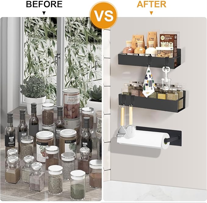 4 Pack Magnetic Spice Rack for Refrigerator,Metal Magnetic Shelf Black with Paper Towel Holder,Whiteboard,3 Markers,4 Hooks,Space Saving for Home,Kitchen