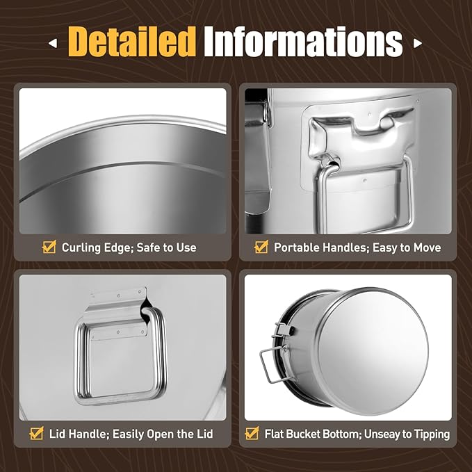 304 Stainless Steel Airtight Canister, Rice Cereal Grain Canisters Container, 6/12/21/33/48 Liters Food Bean Flour Oil Sugar Milk Cookie Storager Bucket w/Handles & Lid for Household Kitchen (33L)