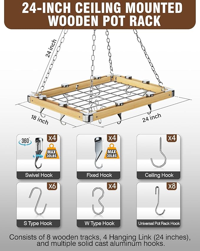 Cooks Standard Ceiling Mounted Wooden Pot Rack, 24-inch by 18-inch, Brown