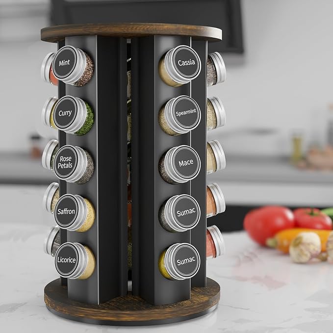 New England Stories Revolving Spice Rack Set with 30 Spice Jars, Kitchen Spice Tower Organizer for Countertop or Cabinet - Carousel Storage Includes 386 Spice Labels