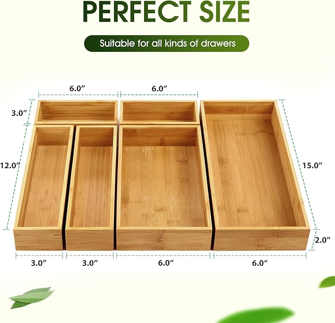 MaxGear Bamboo Kitchen Drawer Organizer, 18x12x2 Inches with 6 Adjustable Compartments, Utensils Cutlery and Flatware Storage for Silverware and Kitchen Accessories