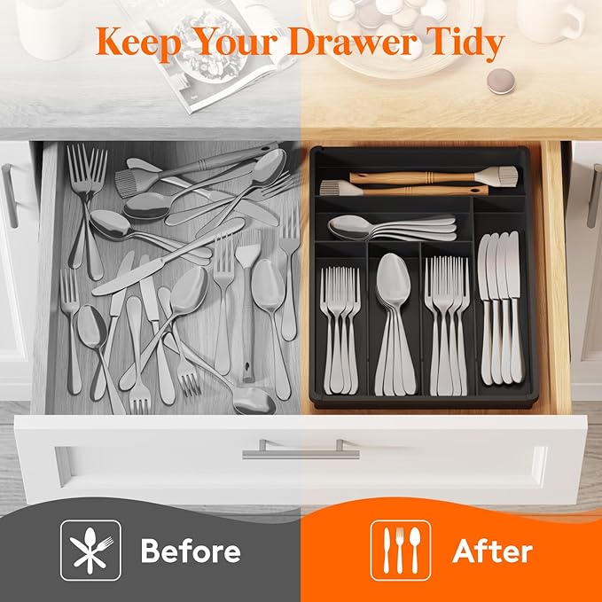 Lifewit Silverware Tray, Deep Wide Cutlery Drawer Organizer Storage for Kitchen, Plastic Flatware Utensil Holder Divider for Spoons Forks Knives Tableware, 6 Compartment, Black