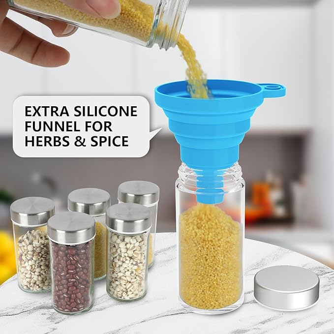 Rotating Spice Rack Organizer, Spice Tower for Countertop, Revolving Spice Rack Set for Cabinet, Silver Steel Kitchen Seasoning Organizer with 20 Jars and Funnel Square-round