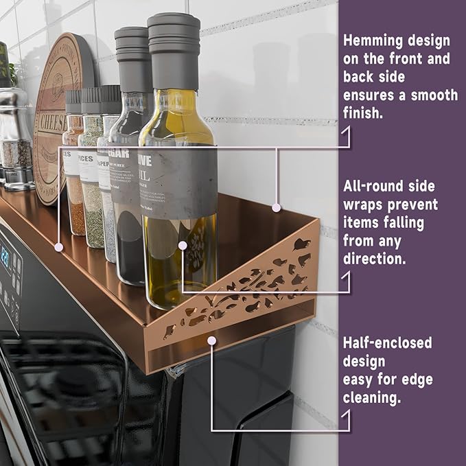 Copper Magnetic Stove Top Shelf, 30" Length, Spice Rack Over the Stove, Oven Shelf for Top of Stove, Kitchen Organizer & Seasoning Storage (Brushed Copper)