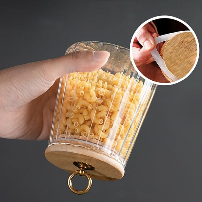 Strip Pattern Clear Glass Sugar Jar with Bamboo Lid,Food Storage Jar,Glass Jar with Lid,Coffee Candy Canister Airtight Storage Container (Conical+Oval)