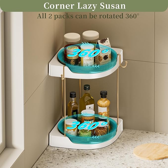 2 Pack Lazy Susan Turntable - Corner Spice Organizer for Cabinet - 9 Inch Rotating Condiment Rack Storage for Refrigerator, Pantry, Kitchen, Vanity, Bathroom Countertop (2 Tier-Green)