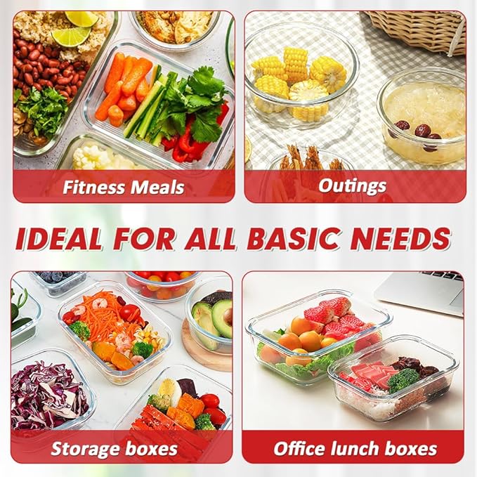 VERONES 24 Pieces Glass Food Storage Containers Set, Airtight Glass Lunch Containers, Glass Meal Prep Containers with Lids,Exclusive of BPA, for Microwave, Oven, Freezer & Dishwasher Friendly,Red