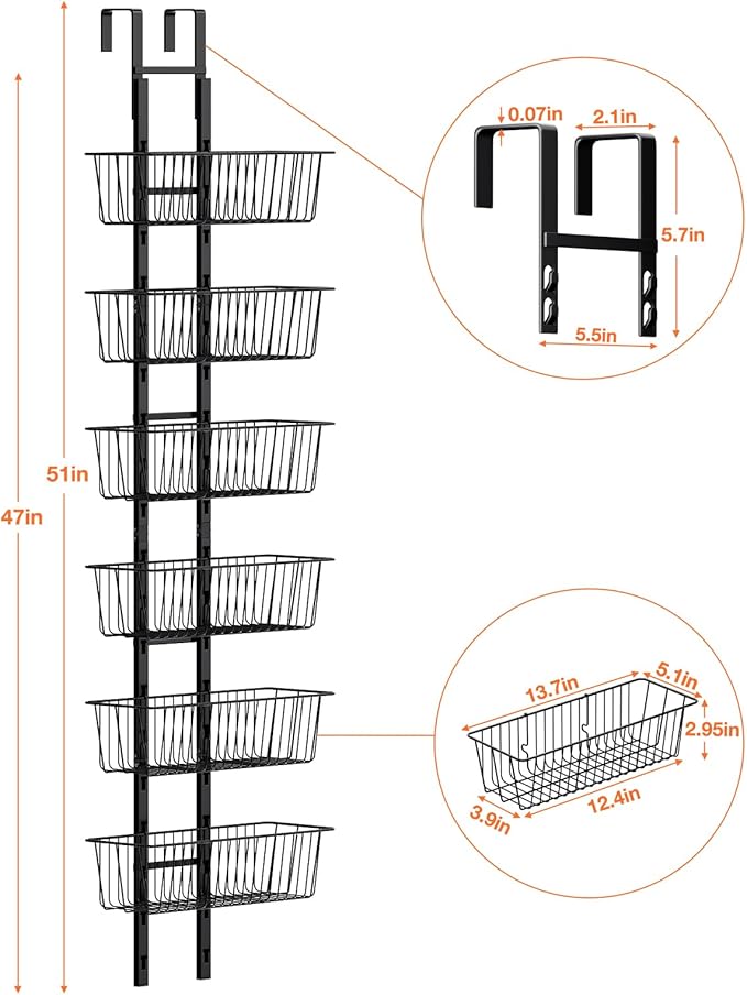 6 Tier Over the Door Pantry Organizer, Over the Door Spice Rack with Adjustable Baskets, Metal Hanging Door Pantry Organizers and Storage for Kitchen Bathroom Bedroom, Black