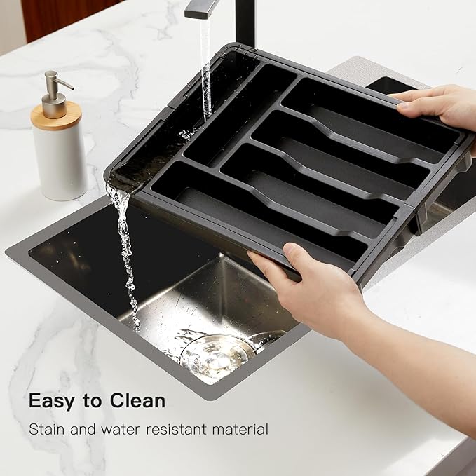 Pipishell Silverware Drawer Organizer, Expandable BPA-Free Kitchen Utensil Storage Tray for Forks, Spoons and Knives, Black Plastic Cutlery Holder