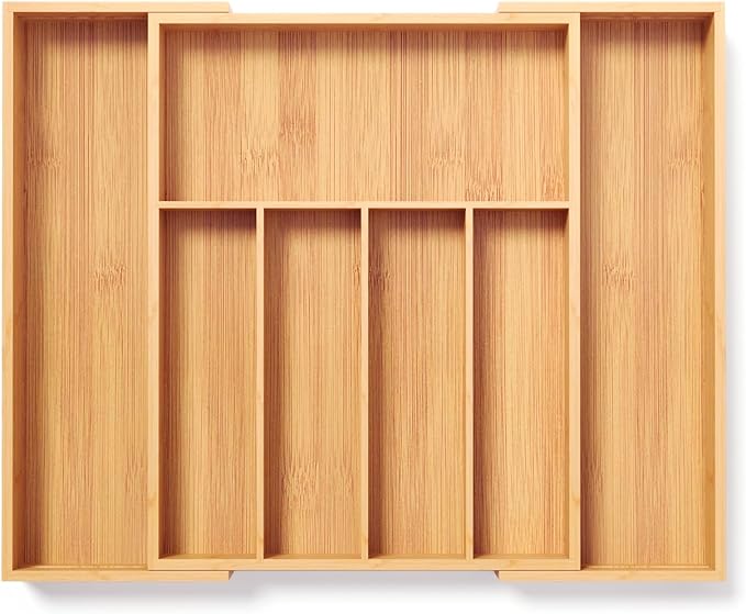 Expandable Kitchen Drawer Organizer,Bamboo Silverware Organizer for Utensils,Adjustable Flatware Tray(16.92 * 13.30~22.83 * 1.96)