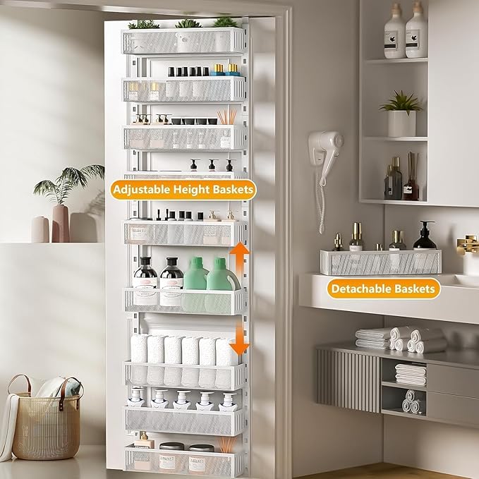 10-tier Over The Door Pantry Organizer with Mesh Baskets, Adjustable & Stable Hanging Spice Rack for Kitchen, Bathroom, Bedroom, and Baby Essentials Storage (16" W 10-Tiers, White)